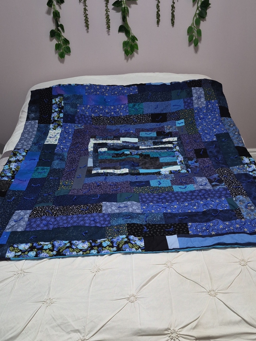 Handmade Blue Patchwork Log Cabin Quilt - Classic Cozy Bedding